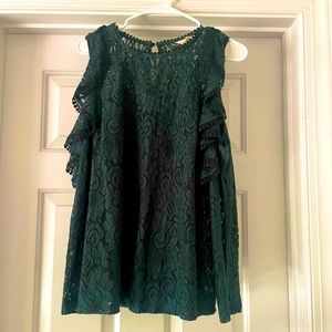 Adiva hunter green cold shoulder lace top